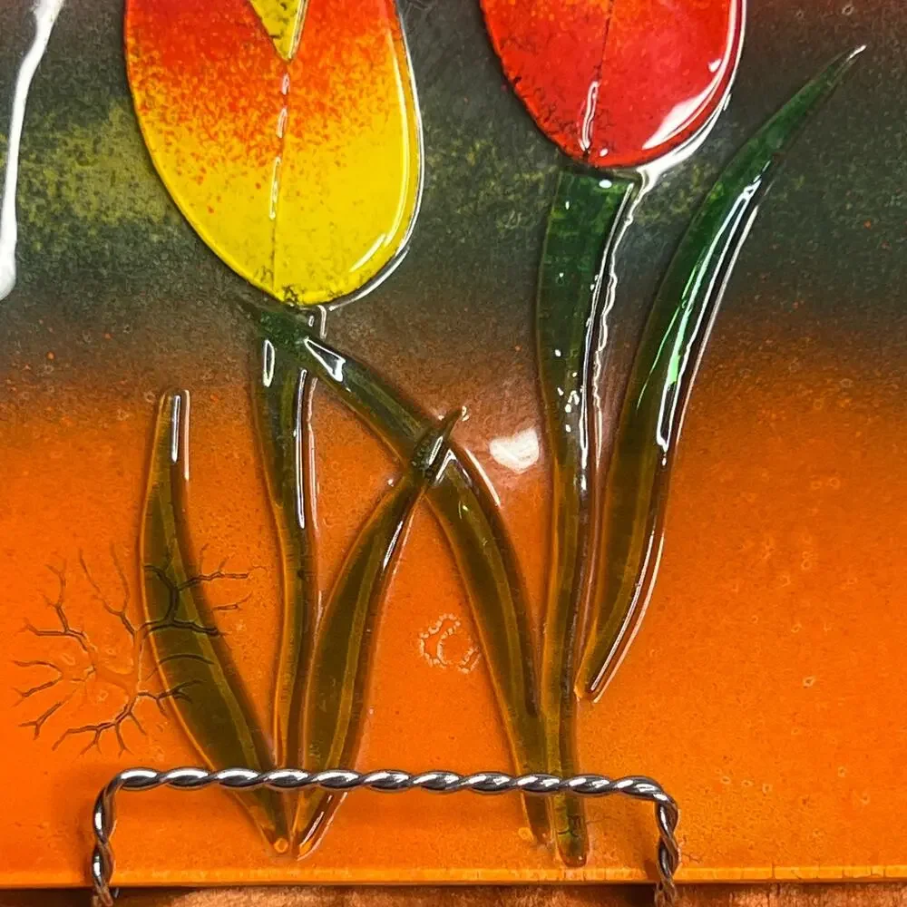Square Fused Art Glass Tulip Platter Bowl Wall Hanging Handmade Vintage 70s
